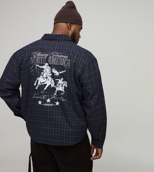 Brushed Check Embroidered Long Sleeves Oversized Shirt