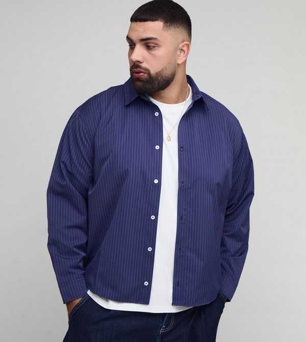 Striped Curved Hem Long Sleeves Oversized Shirt