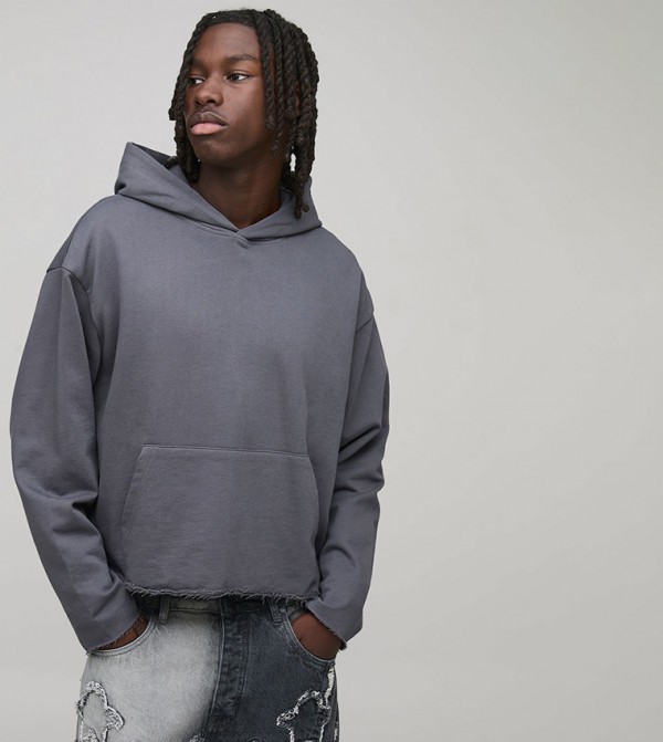 Shrunken Raw Edge Loopback Oversized Hoodie