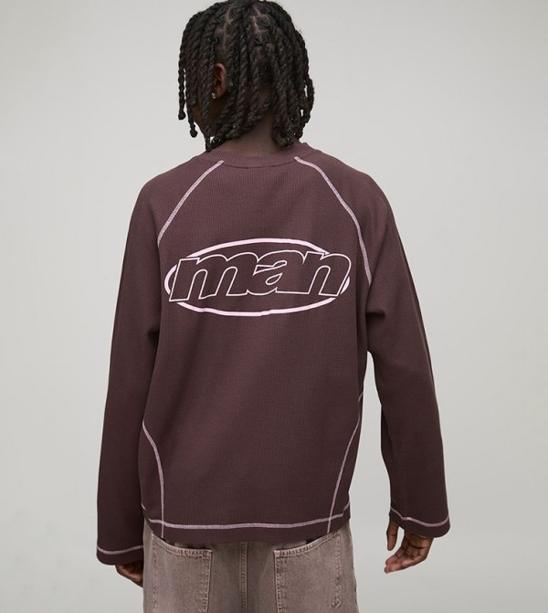 Waffle Contrast Stitch Long Sleeves Oversized T-Shirt