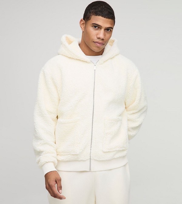 Fluffy Borg Zip Through Pocket Oversized Hooded Jacket