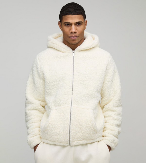 Fluffy Borg Embroidered Zip Through Hooded Jacket