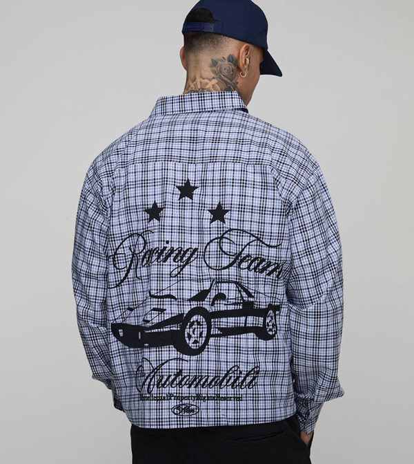 Tall Oversized Racing Embroidered Micro Check Shirt