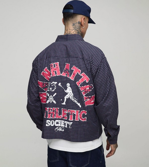 Tall Oversized Varsity Print Micro Check Shirt
