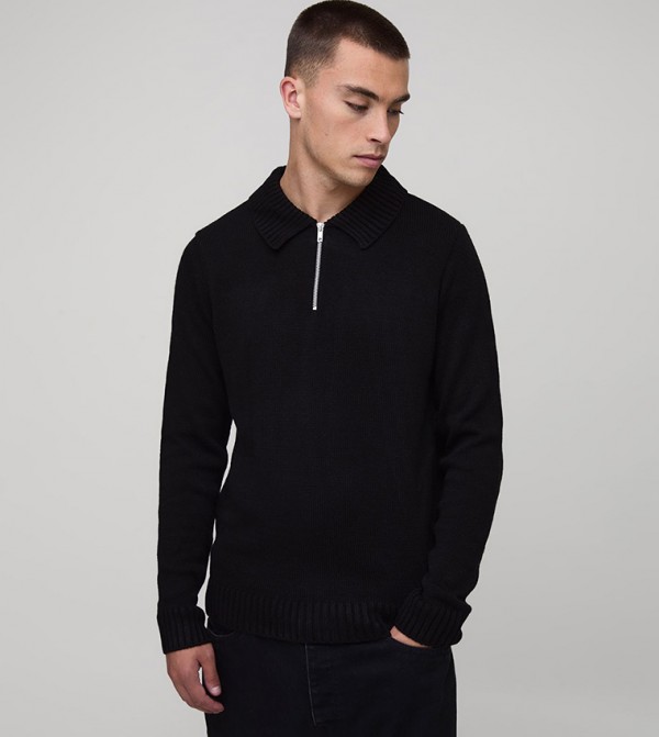 Regular Fit Long Sleeves Zip Neck Knitted Polo T-Shirt