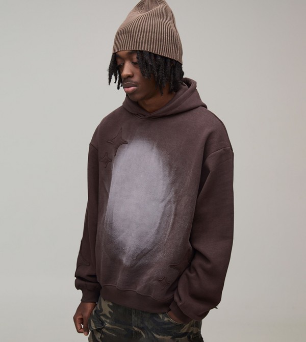 Spray Wash Star Applique Oversized Hoodie