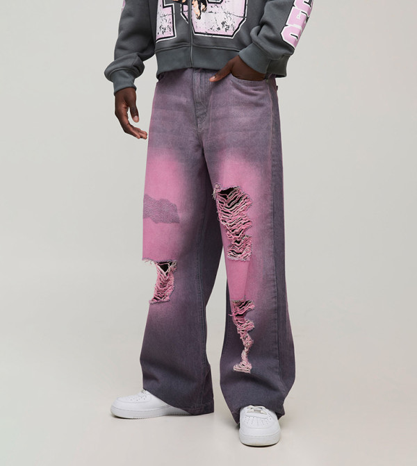 Tinted Ripped and Repair Wide Leg Jeans