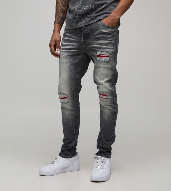 Stretch PU Biker Rip & Repair Washed Skinny Fit Jeans