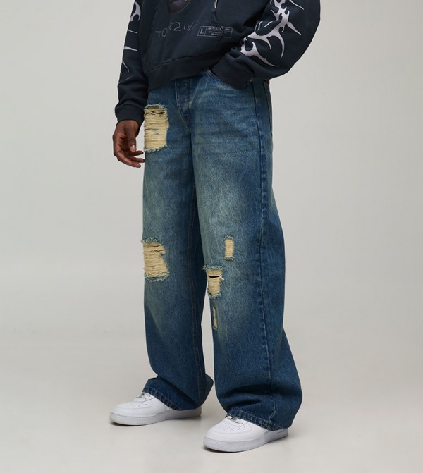 Stacked Washed Ripped Baggy Fit Jeans