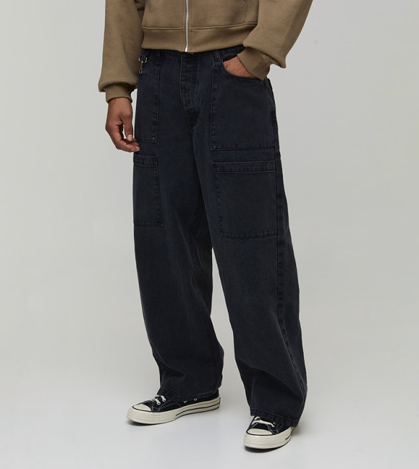 Washed Panelled Hardware Baggy Fit Jeans