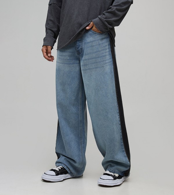 Washed Side Panel Baggy Fit Jeans