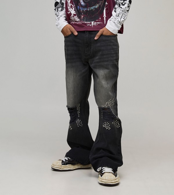 Rip & Repair Studded Straight Flared Jeans