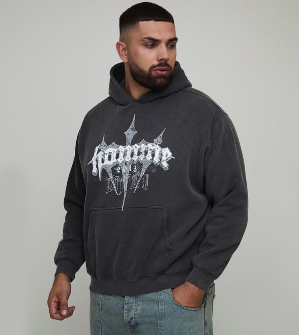 Plus & Tall Oversized Washed Homme Cross Print Hoodie
