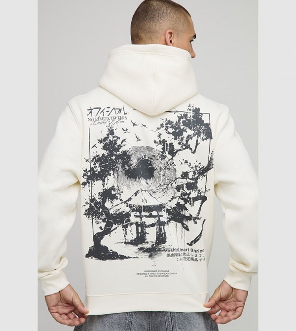 Ecru Regular Fit Stencil Landscape Printed Hoodie