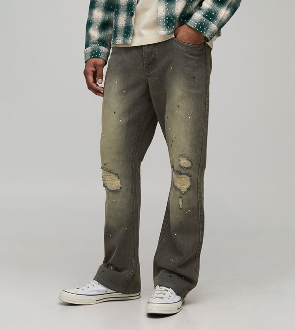 Knee Rip and Repair Paint Splatter Slim Flared Jeans