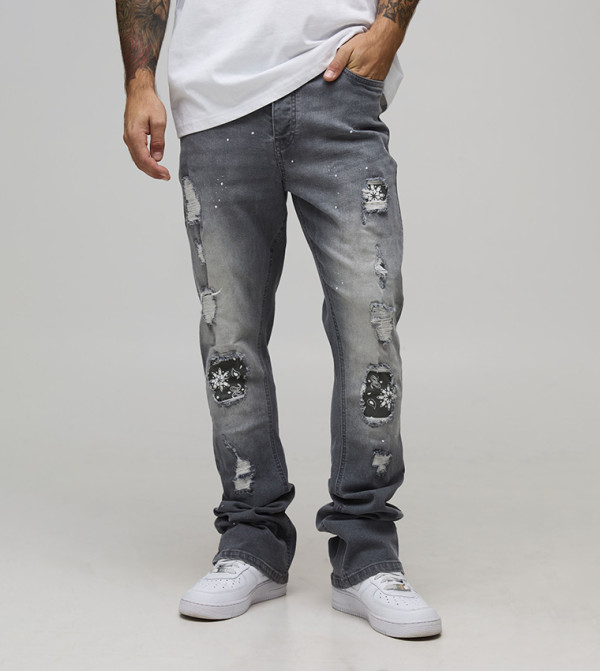 Rip Splatter Skinny Fit Stacked Flared Jeans