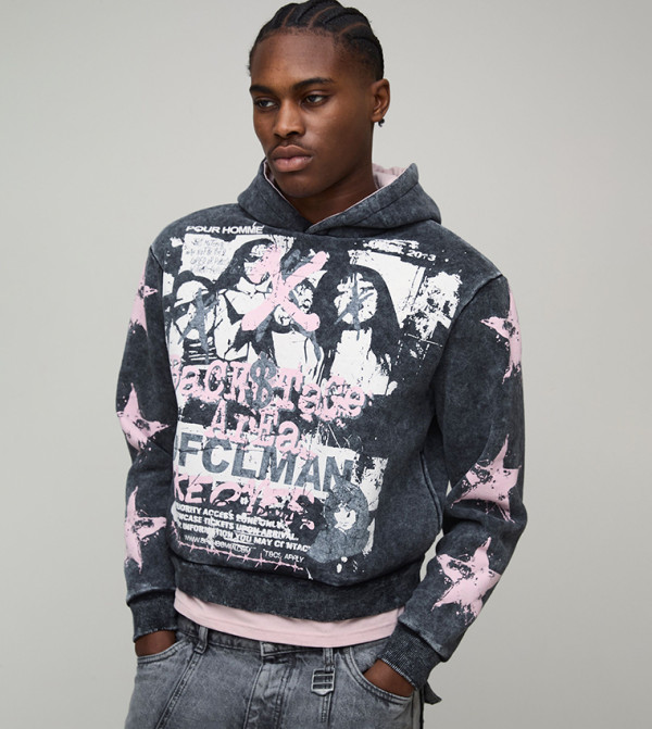 Gothic Ofcl Star Printed Faux Layer Hem Washed Hoodie