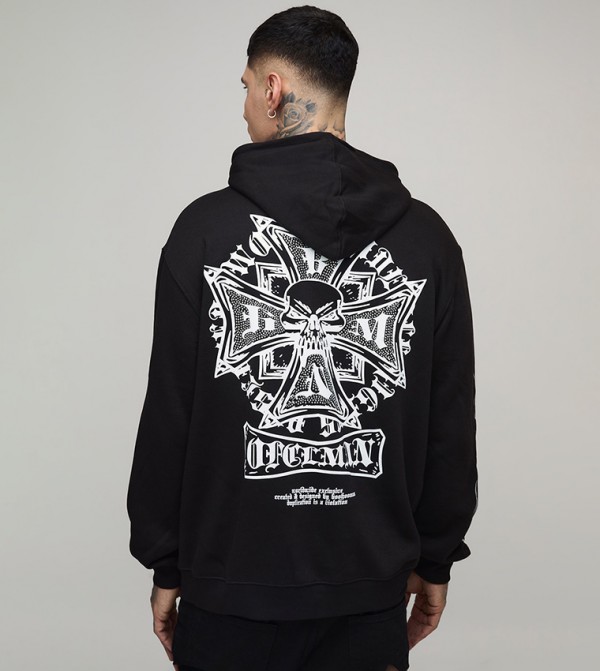 Tall Oversized Gothic Rhinestone Graphic Hoodie