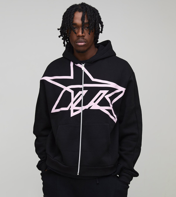 Tall Star Printed Zip Through Oversized Hooded Jacket