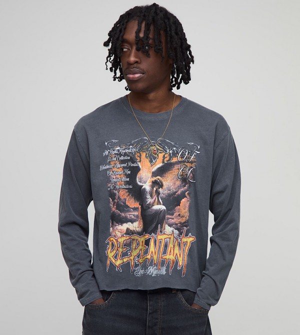 Washed Shrunken Boxy Raw Edge Long Sleeves Printed T-Shirt