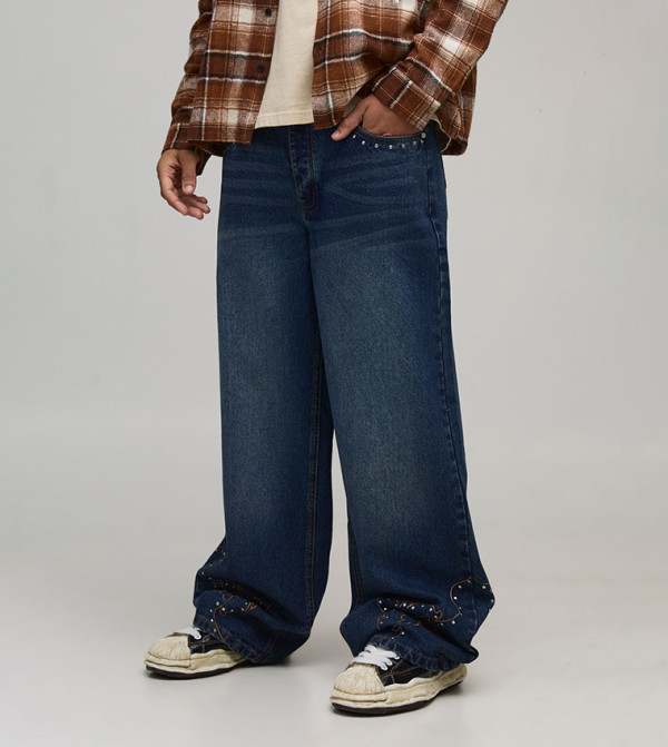 Studded Western Embroidered Hem Baggy Fit Jeans