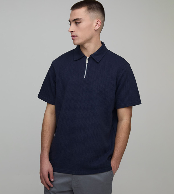 Regular Fit Heavyweight Herringbone Zip Neck Polo T-Shirt