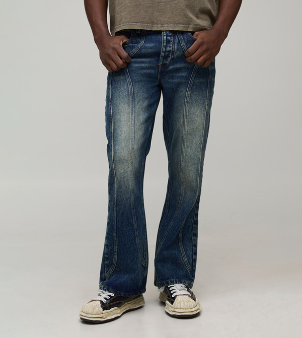 Washed Western Panel Straight Fit Flared Jeans