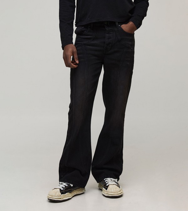 Washed Western Panel Straight Fit Flared Jeans