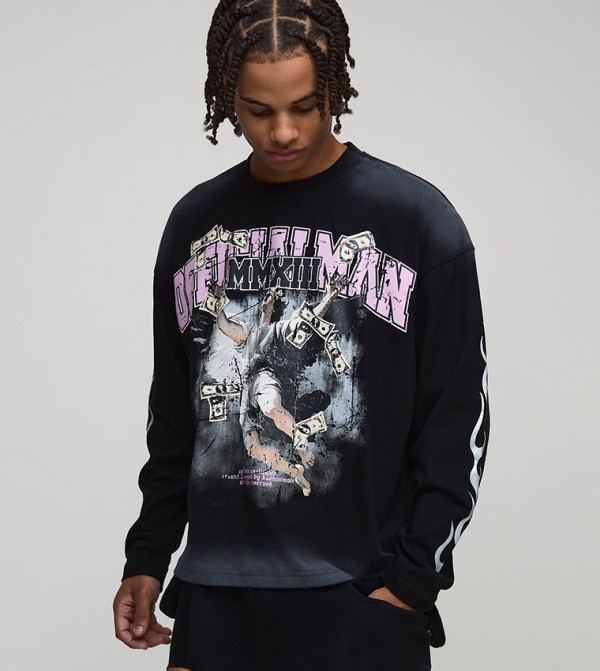 Glitter Print Spray Graphic Long Sleeves Oversized T-Shirt