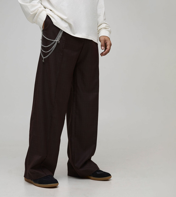 Baggy Fit Check Pin-Tuck Smart Trouser with Chain