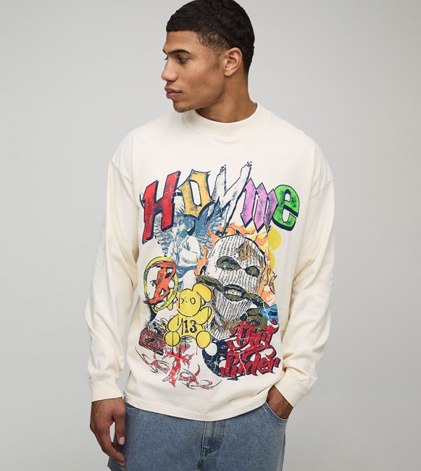 تيشيرت اوفرسايز كم طويلة بطبعة 