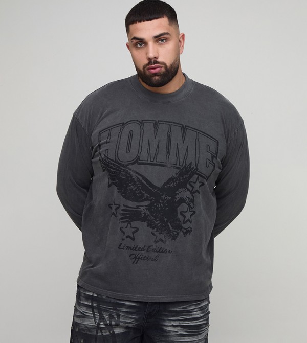 Washed Western Long Sleeves Print Oversized T-Shirt