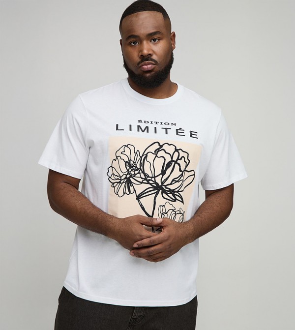 Floral Line Drawing Puff Print Oversized T-Shirt