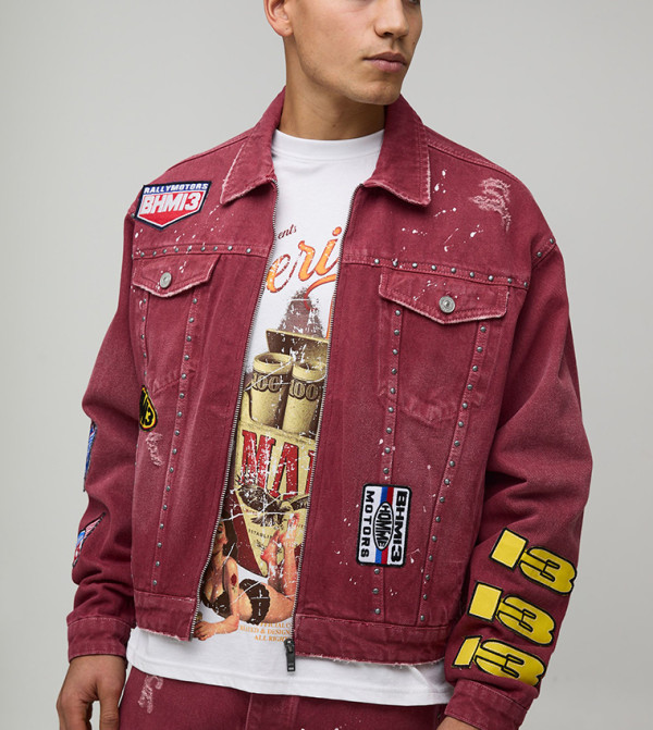 Moto Badge Washed Boxy Denim Jacket