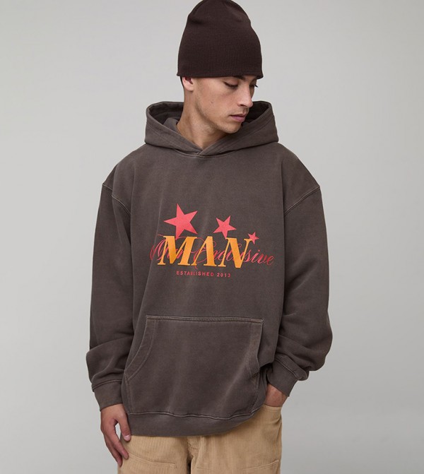 Washed Oversized Man Star Printed Hoodie