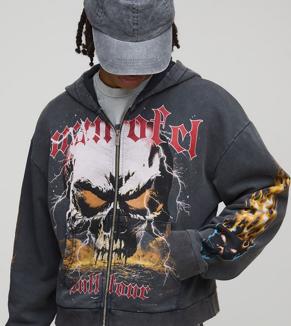 Premium Ofcl Skull Acid Wash Hooded Jacket