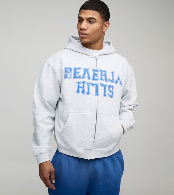 Zip Through Beverly Hills Vintage Print Oversized Hoodie