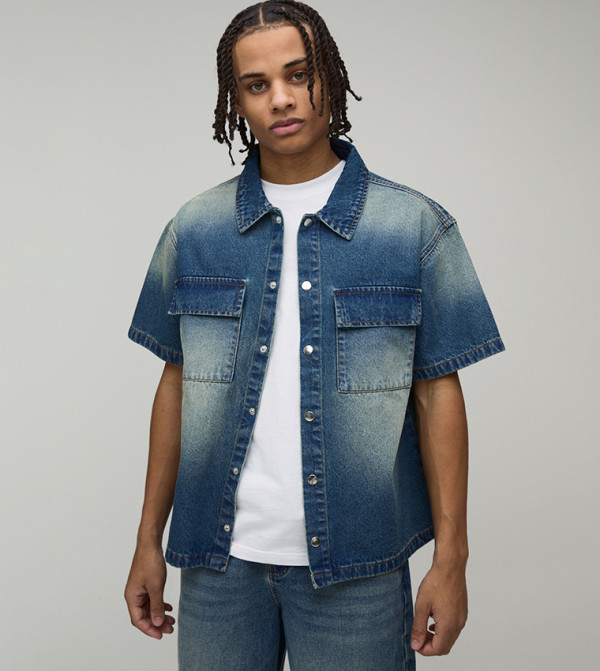 Washed Pocket Detail Boxy Fit Denim Shirt