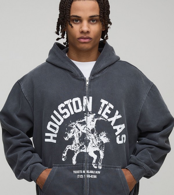 Washed Zippered Printed Boxy Hooded Jacket