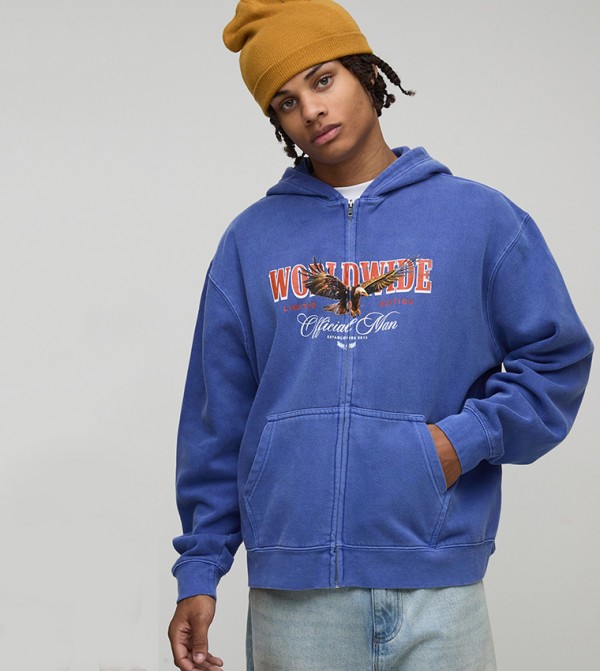 Zippered Washed Eagle Printed Boxy Hooded Jacket