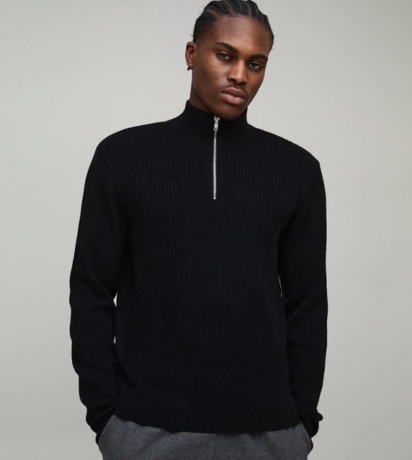 Regular Fit Ribbed 1/4 Zip Funnel Neck Jumper