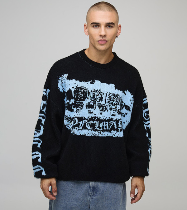 Ofcl Grills Graphic Brushed Crew Neck Oversized Sweater