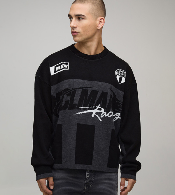 Moto Jacquard Knitted Crew Neck Oversized Sweater