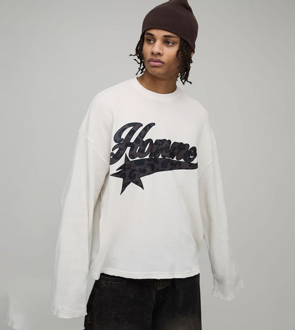 Waffle Flared Long Sleeves Leopard Oversized T-Shirt