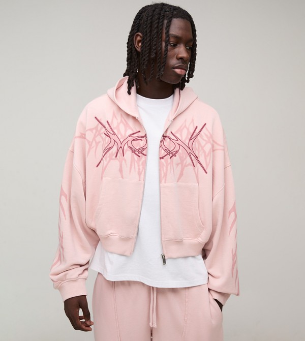 Shrunken Dropped Shoulder Tribal Loopback Hooded Jacket