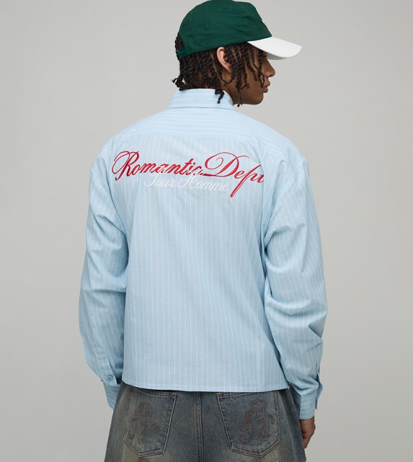 Cotton Poplin Pinstriped Graphic Long Sleeves Oversized Shirt