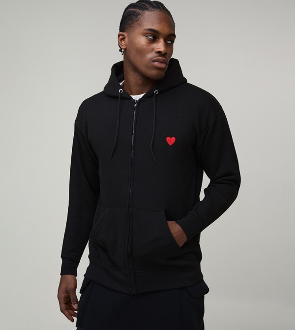 Regular Fit Zip Through Heart Embroidered Hooded Jacket
