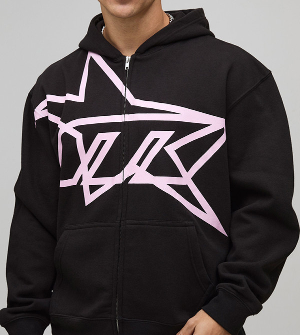 Star Printed Zip-Through Oversized Hooded Jacket