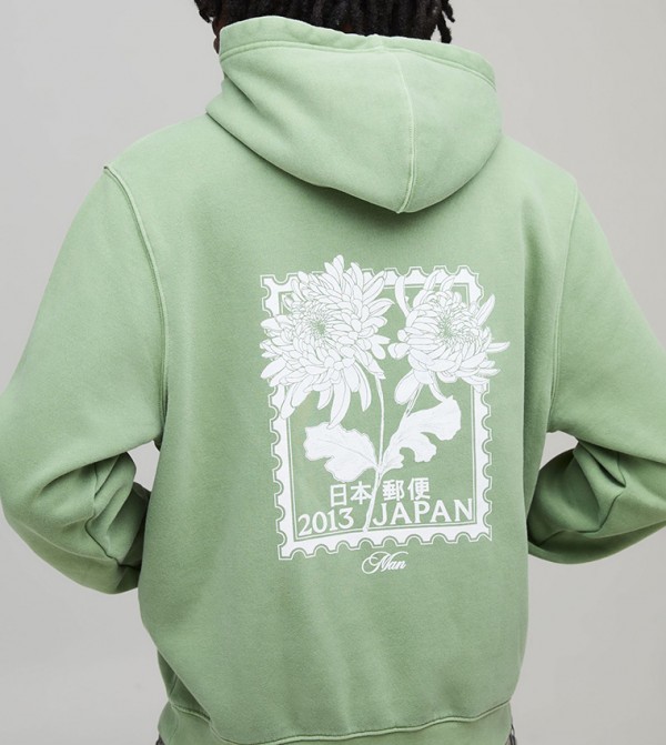 Washed Relaxed Fit Floral Japan Print Hoodie