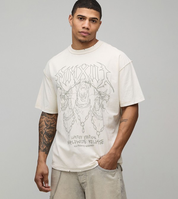 Exposed Seams Washed Printed Oversized T-Shirt